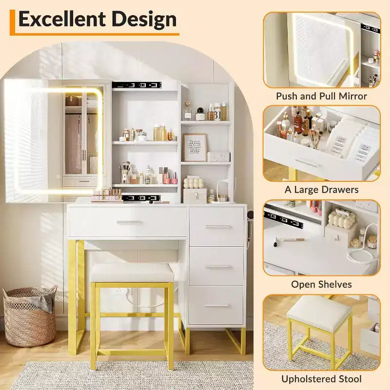 Coiffeuse Miroir Coulissant avec Miroir à Trois Modes, Station de Charge, Tiroirs et Tabouret pour Chambre à Coucher