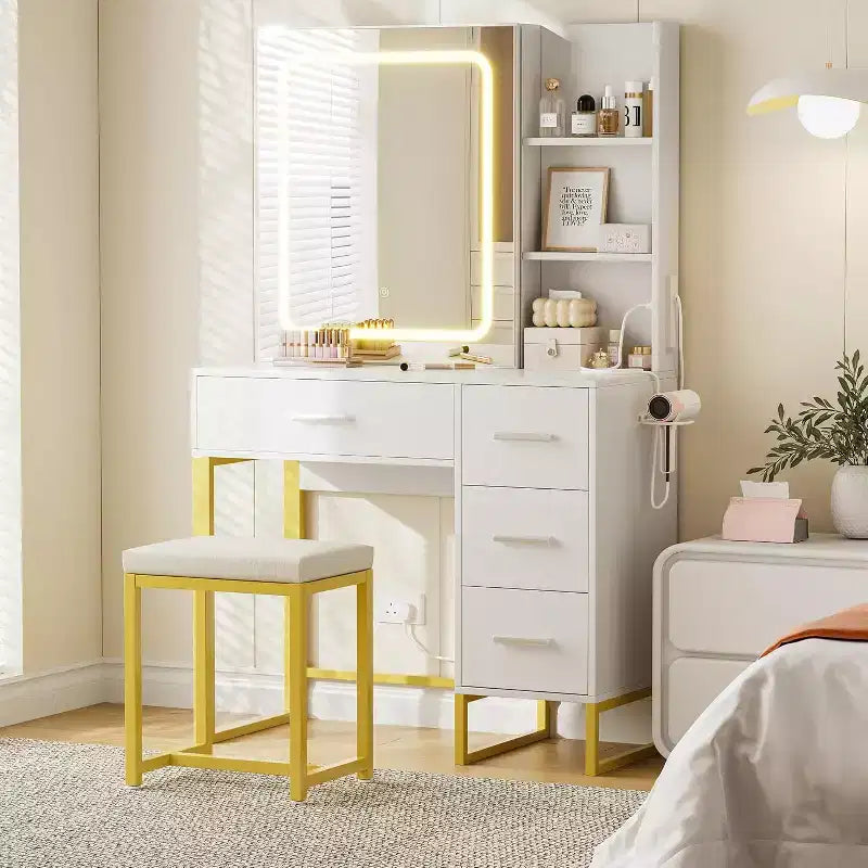 Coiffeuse Miroir Coulissant avec Miroir à Trois Modes, Station de Charge, Tiroirs et Tabouret pour Chambre à Coucher