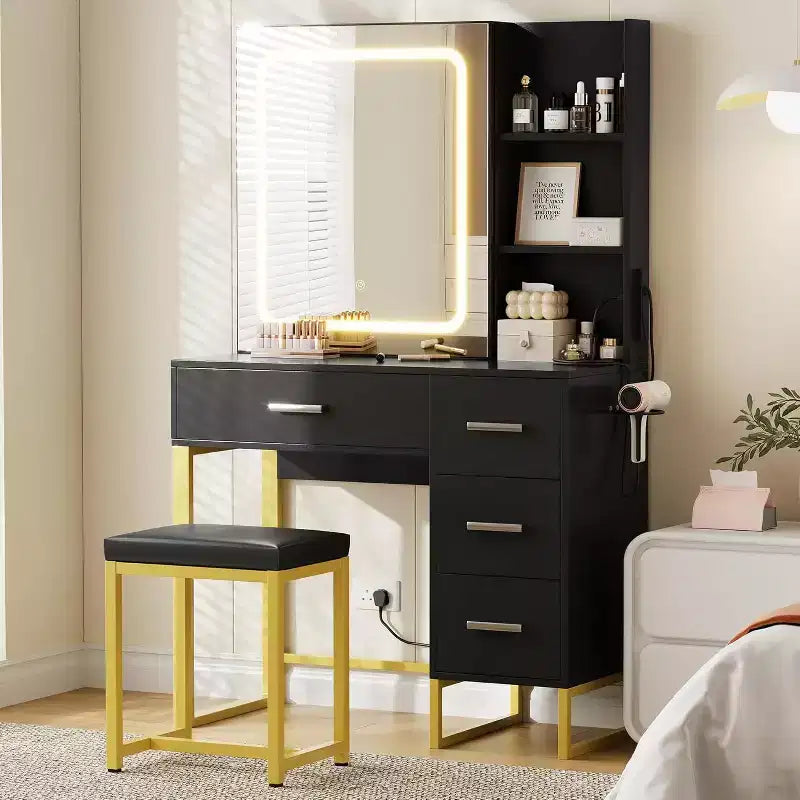 Coiffeuse Miroir Coulissant avec Miroir à Trois Modes, Station de Charge, Tiroirs et Tabouret pour Chambre à Coucher