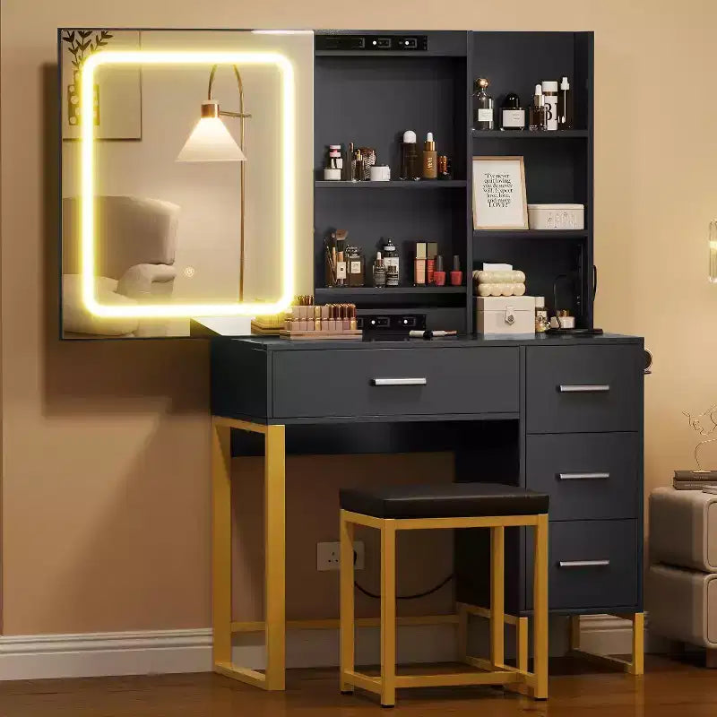 Acekool Sliding Mirror Vanity Desk with Tri-Mode Mirror, Charging Station, Drawers & Stool for Bedroom