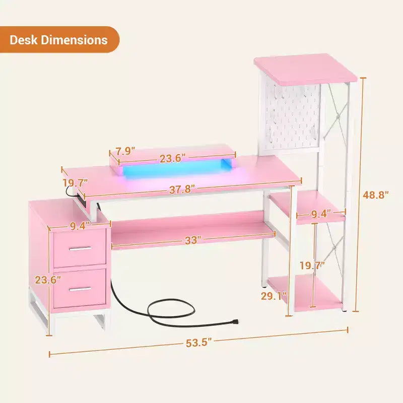 Bureau informatique avec prises de courant et tiroirs en tissu