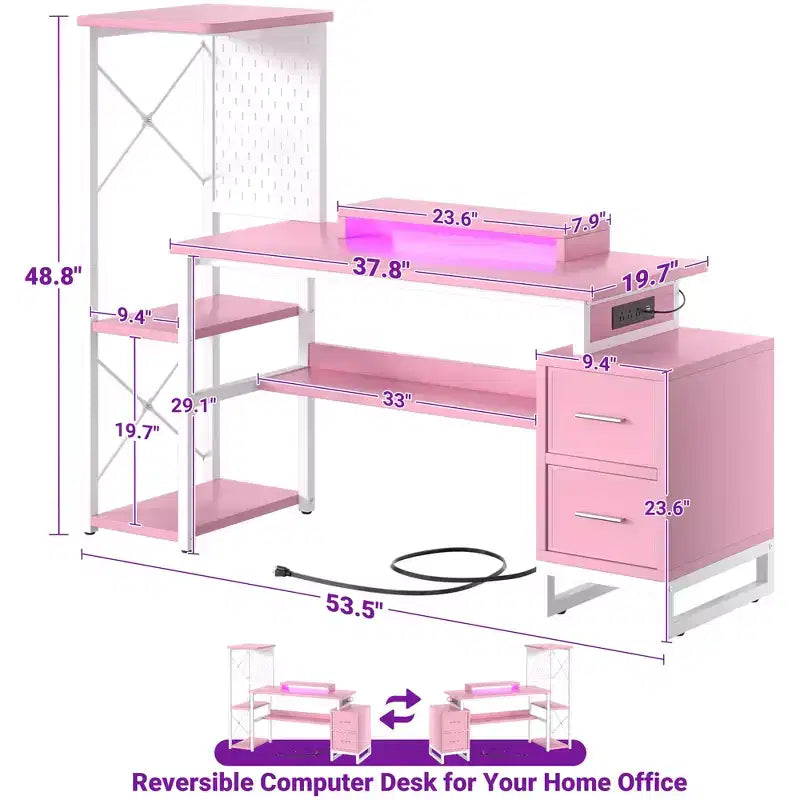 Bureau informatique avec prises de courant et tiroirs en tissu