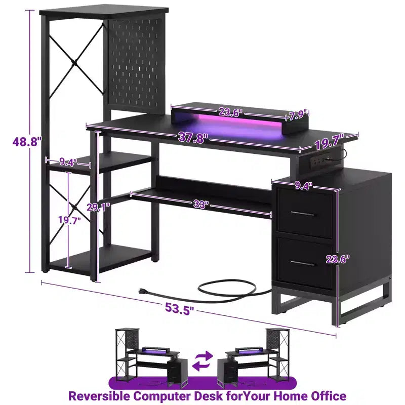 Bureau informatique avec prises de courant et tiroirs en tissu