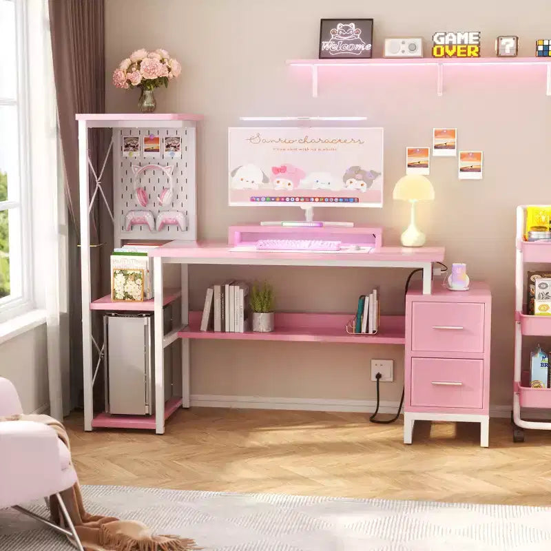 Bureau informatique avec prises de courant et tiroirs en tissu