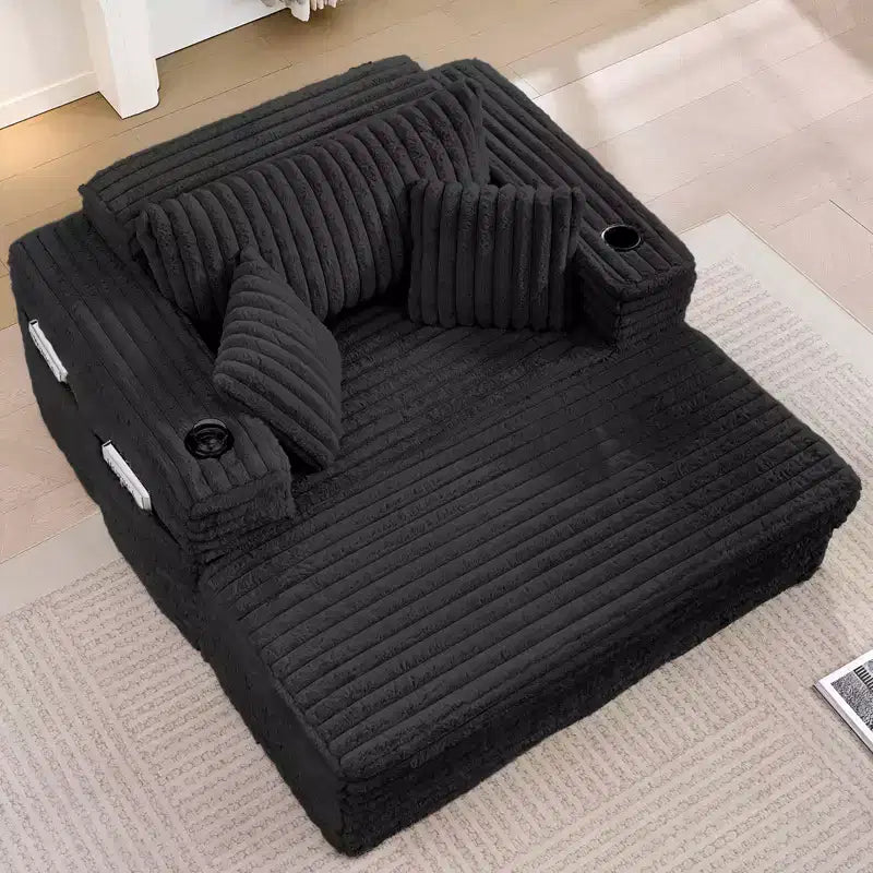 Canapé-lit moderne en velours côtelé, fauteuil simple avec porte-gobelets, poches latérales, accoudoirs larges, idéal pour les appartements