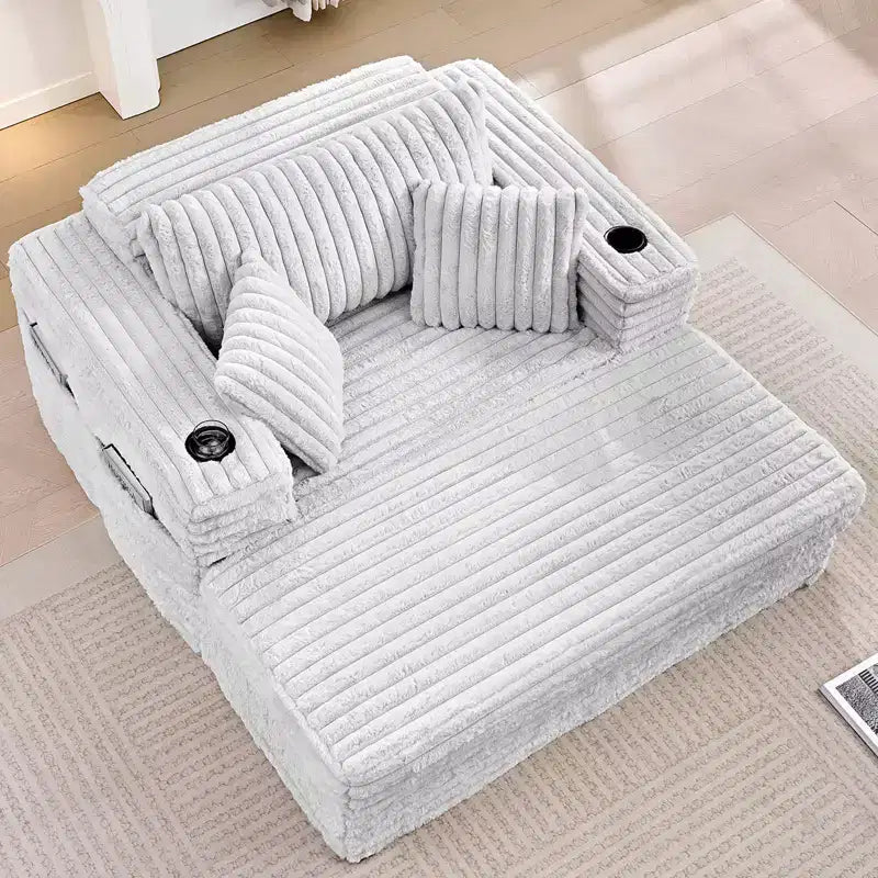 Canapé-lit moderne en velours côtelé, fauteuil simple avec porte-gobelets, poches latérales, accoudoirs larges, idéal pour les appartements