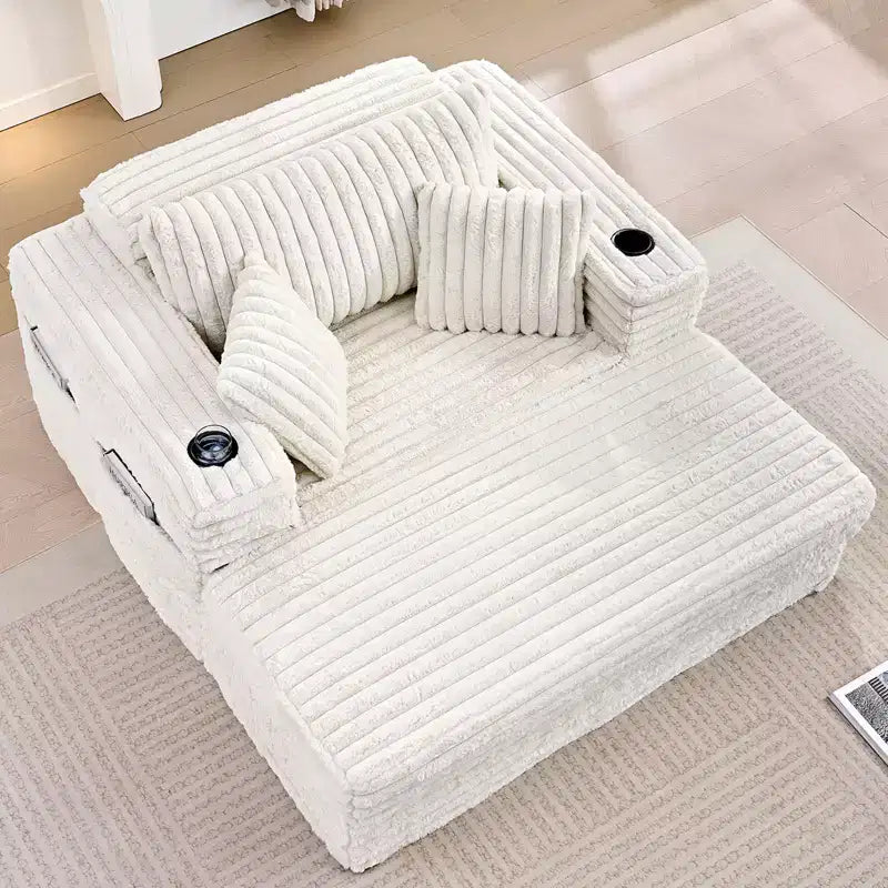 Canapé-lit moderne en velours côtelé, fauteuil simple avec porte-gobelets, poches latérales, accoudoirs larges, idéal pour les appartements