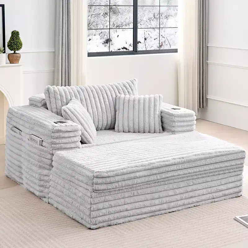 Canapé-lit moderne en velours côtelé, fauteuil simple avec porte-gobelets, poches latérales, accoudoirs larges, idéal pour les appartements
