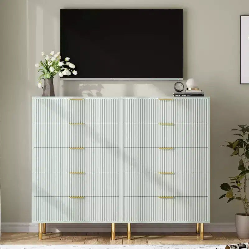 Commode à 5 tiroirs, armoire de rangement moderne avec poignées dorées pour chambre à coucher