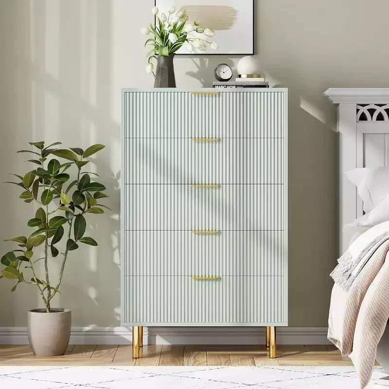 Commode à 5 tiroirs, armoire de rangement moderne avec poignées dorées pour chambre à coucher