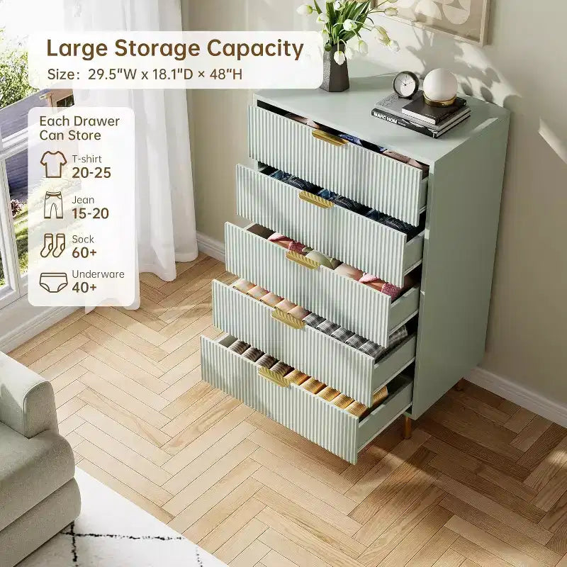 Commode à 5 tiroirs, armoire de rangement moderne avec poignées dorées pour chambre à coucher