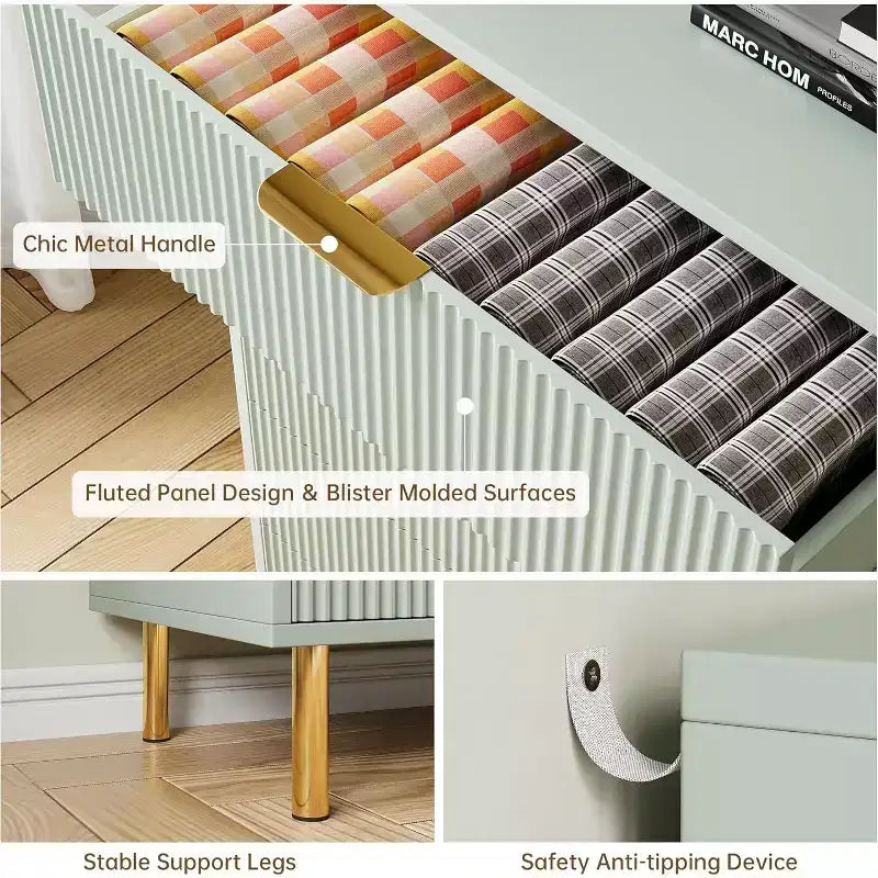 Commode à 5 tiroirs, armoire de rangement moderne avec poignées dorées pour chambre à coucher