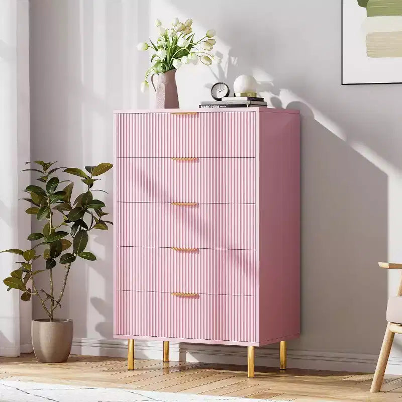 Commode à 5 tiroirs, armoire de rangement moderne avec poignées dorées pour chambre à coucher