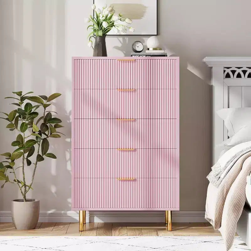 Commode à 5 tiroirs, armoire de rangement moderne avec poignées dorées pour chambre à coucher