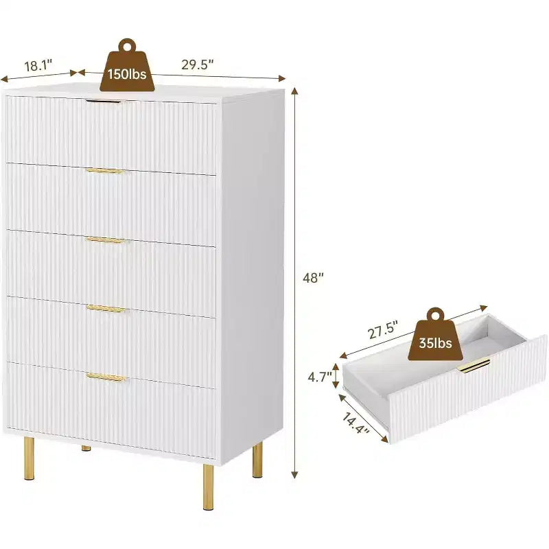 Commode à 5 tiroirs, armoire de rangement moderne avec poignées dorées pour chambre à coucher
