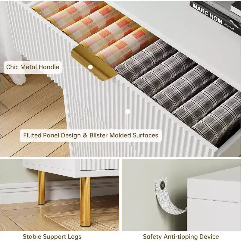Commode à 5 tiroirs, armoire de rangement moderne avec poignées dorées pour chambre à coucher