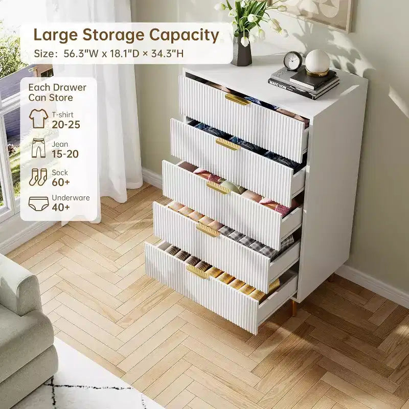 Commode à 5 tiroirs, armoire de rangement moderne avec poignées dorées pour chambre à coucher