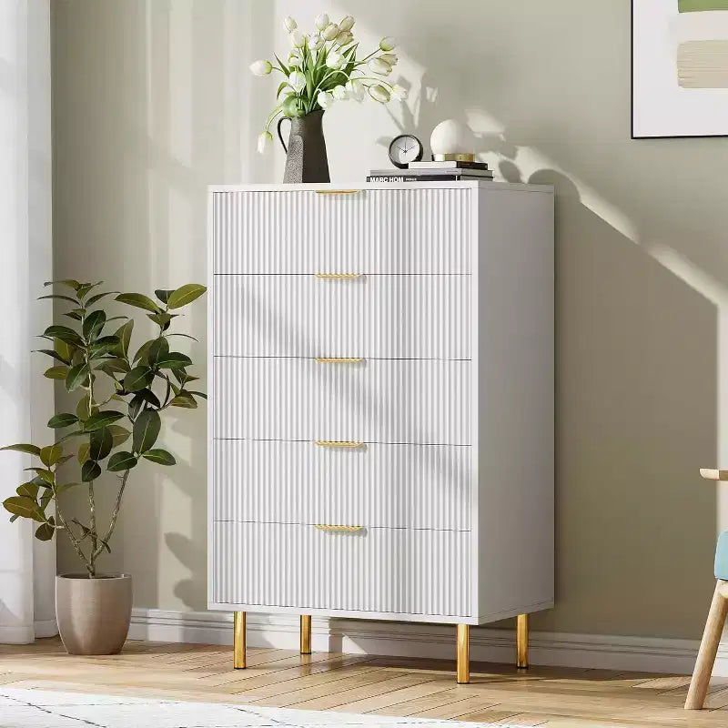 Commode à 5 tiroirs, armoire de rangement moderne avec poignées dorées pour chambre à coucher