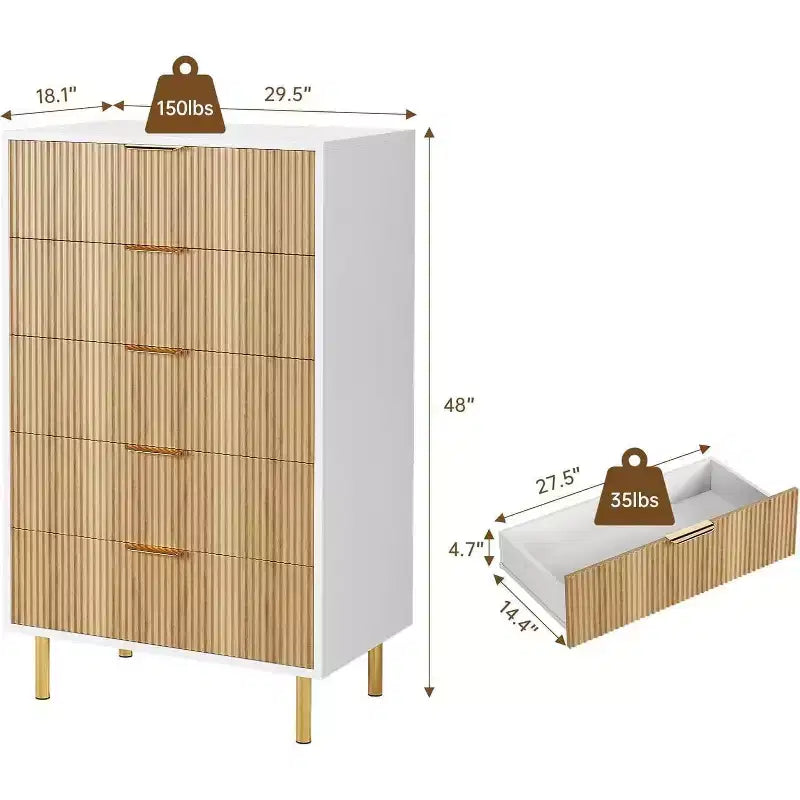 Commode à 5 tiroirs, armoire de rangement moderne avec poignées dorées pour chambre à coucher