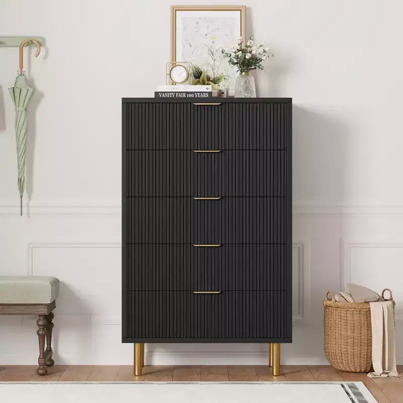 Commode à 5 tiroirs, armoire de rangement moderne avec poignées dorées pour chambre à coucher