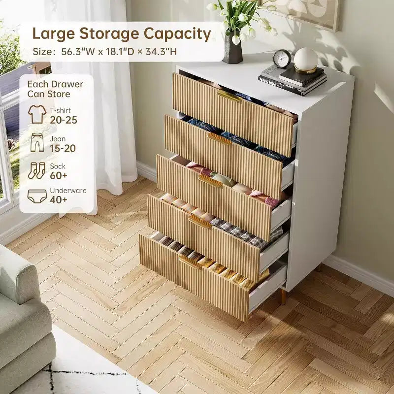 Commode à 5 tiroirs, armoire de rangement moderne avec poignées dorées pour chambre à coucher