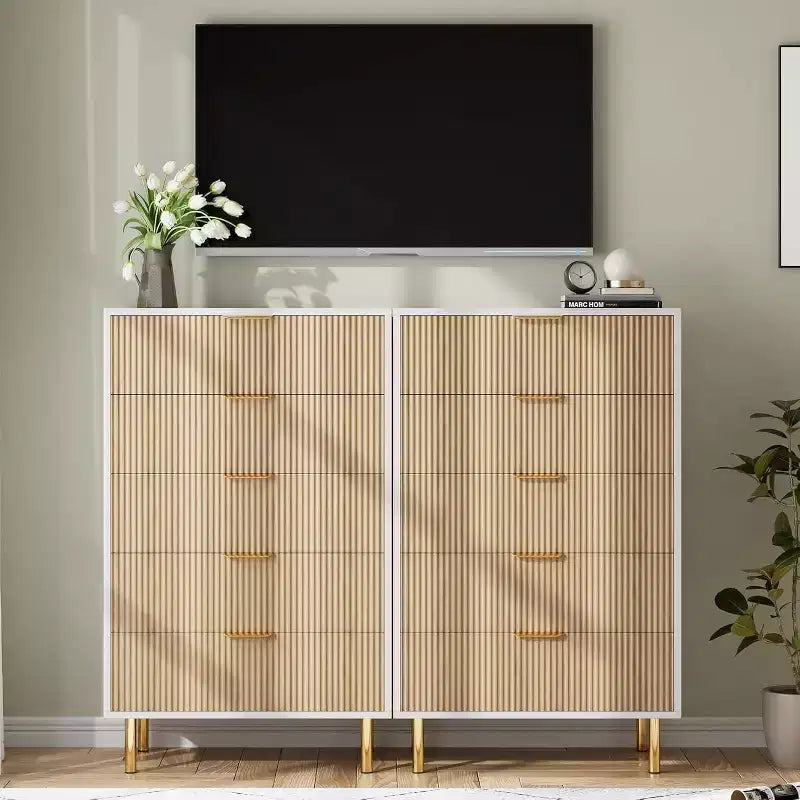 Commode à 5 tiroirs, armoire de rangement moderne avec poignées dorées pour chambre à coucher
