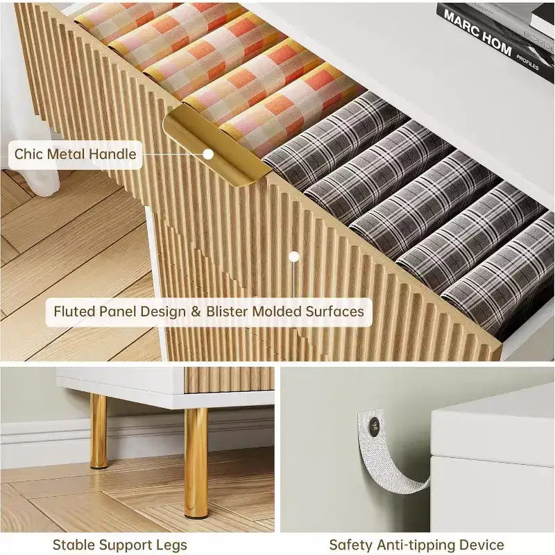 Commode à 5 tiroirs, armoire de rangement moderne avec poignées dorées pour chambre à coucher