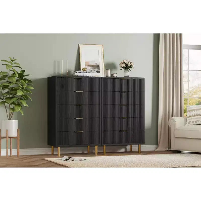 Commode à 5 tiroirs, armoire de rangement moderne avec poignées dorées pour chambre à coucher