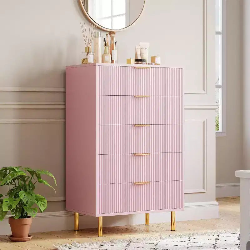 Commode à 5 tiroirs, armoire de rangement moderne avec poignées dorées pour chambre à coucher