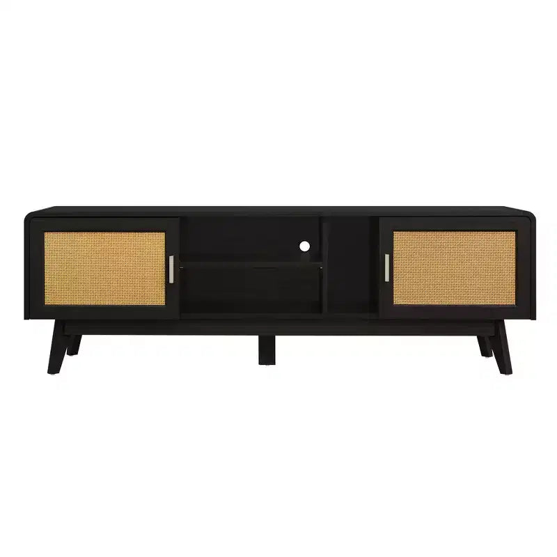Meuble TV en rotin foncé avec 2 armoires de rangement pour téléviseur de 65 pouces, meuble de divertissement avec pieds en bois massif, table console multimédia pour salon