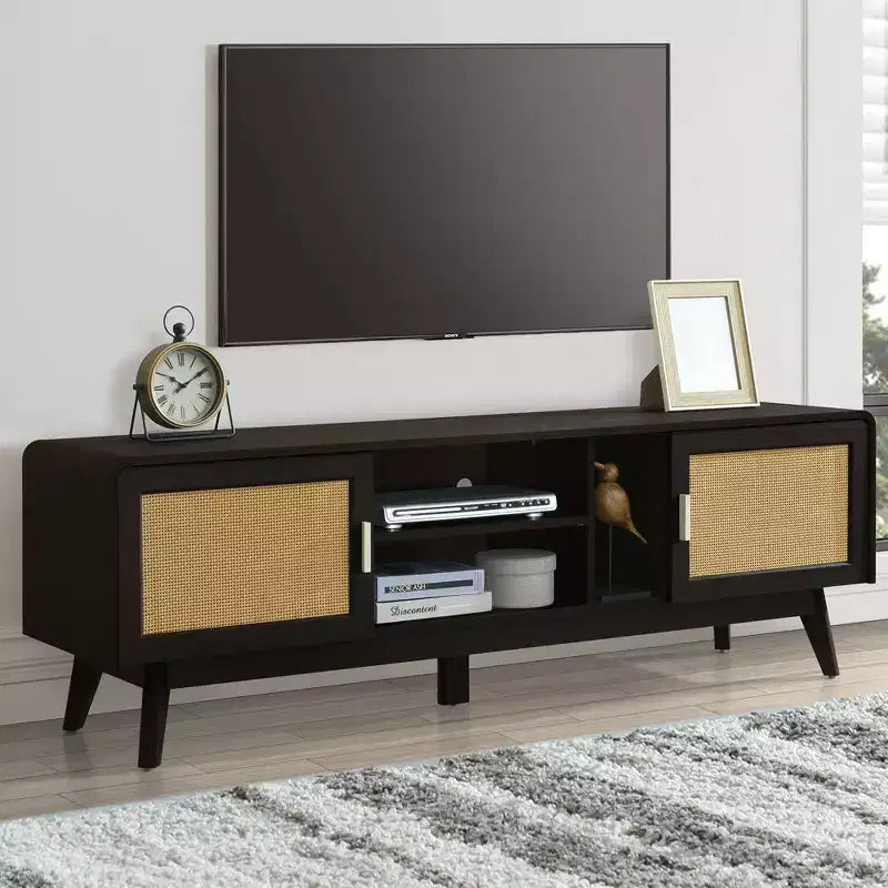 Meuble TV en rotin foncé avec 2 armoires de rangement pour téléviseur de 65 pouces, meuble de divertissement avec pieds en bois massif, table console multimédia pour salon