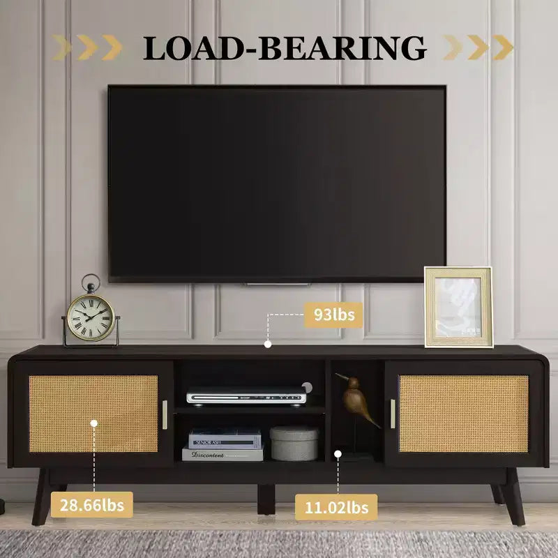 Meuble TV en rotin foncé avec 2 armoires de rangement pour téléviseur de 65 pouces, meuble de divertissement avec pieds en bois massif, table console multimédia pour salon