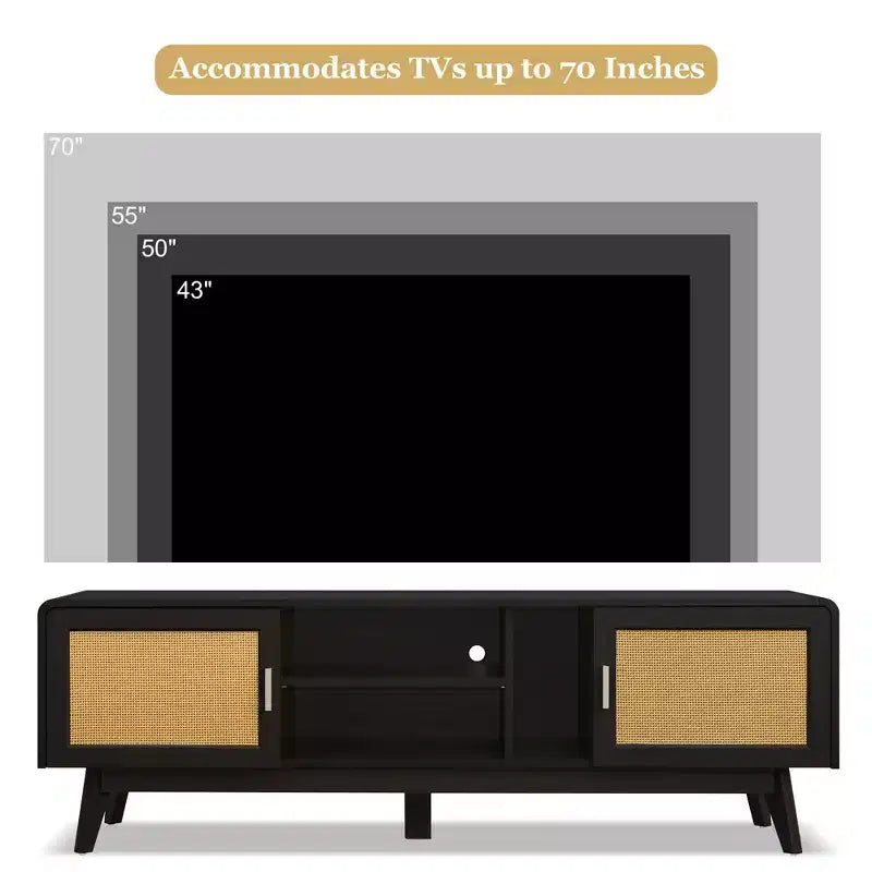 Meuble TV en rotin foncé avec 2 armoires de rangement pour téléviseur de 65 pouces, meuble de divertissement avec pieds en bois massif, table console multimédia pour salon