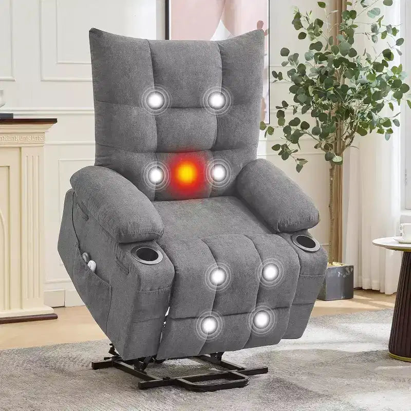 Electric Standing Assist Sofa with Massage and Heating 57cm Seat Width Linen Gray Iron Frame Soft Padding Cat Ear Grid Design Living Room Elderly Use