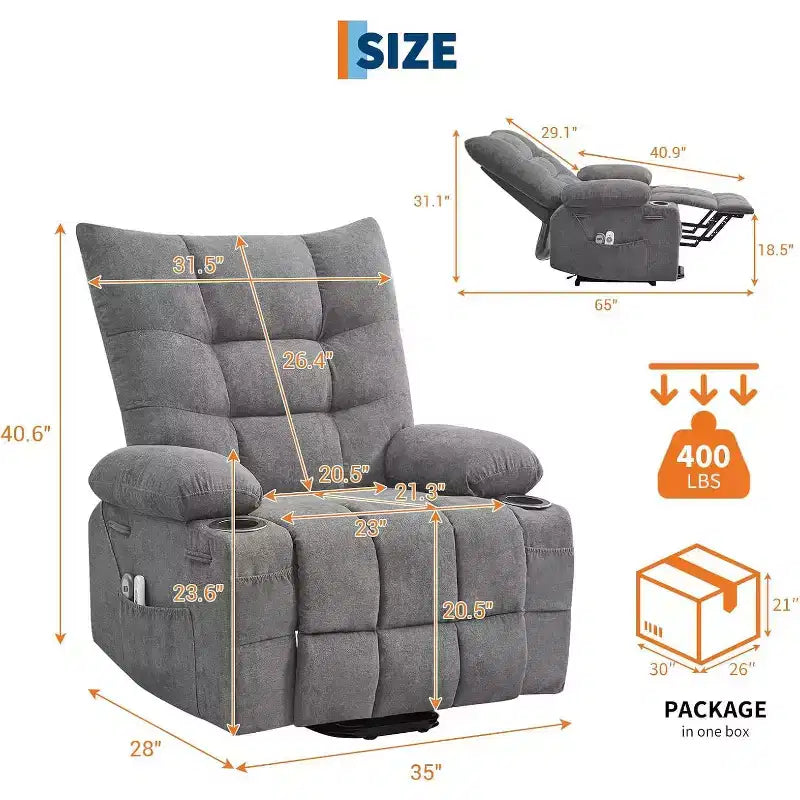 Canapé électrique releveur avec massage et chauffage Largeur d'assise 57cm Lin Gris Cadre en fer Rembourrage doux Motif oreilles de chat Salon Utilisation pour personnes âgées