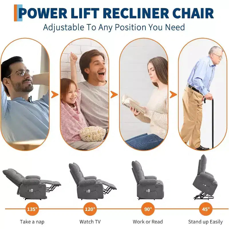 Canapé électrique releveur avec massage et chauffage Largeur d'assise 57cm Lin Gris Cadre en fer Rembourrage doux Motif oreilles de chat Salon Utilisation pour personnes âgées