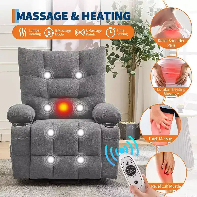 Canapé électrique releveur avec massage et chauffage Largeur d'assise 57cm Lin Gris Cadre en fer Rembourrage doux Motif oreilles de chat Salon Utilisation pour personnes âgées