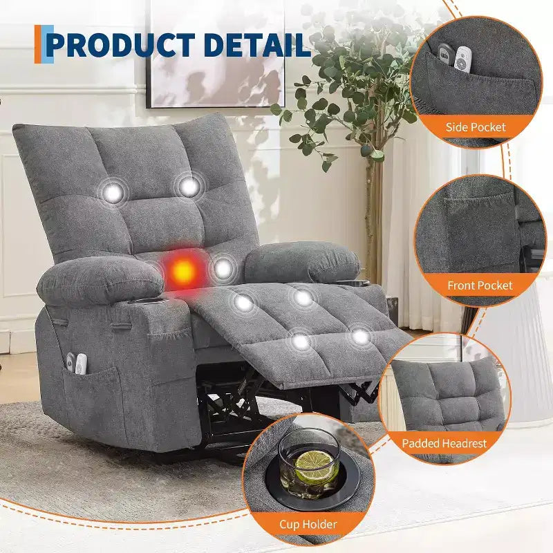 Canapé électrique releveur avec massage et chauffage Largeur d'assise 57cm Lin Gris Cadre en fer Rembourrage doux Motif oreilles de chat Salon Utilisation pour personnes âgées