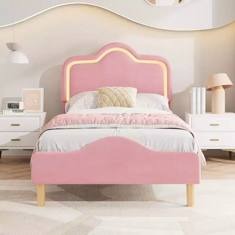 Cadre de lit rembourré une place avec tête de lit et pied de lit réglables, lit plateforme princesse en velours pour enfants, lattes en bois robustes, montage facile