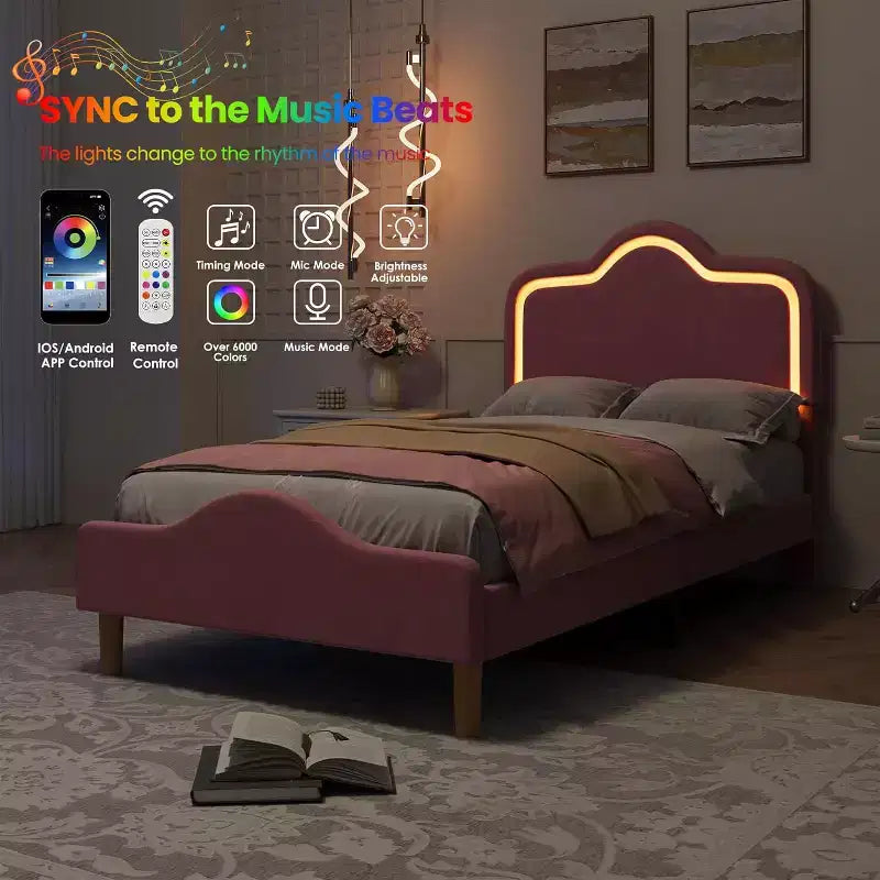 Cadre de lit rembourré une place avec tête de lit et pied de lit réglables, lit plateforme princesse en velours pour enfants, lattes en bois robustes, montage facile