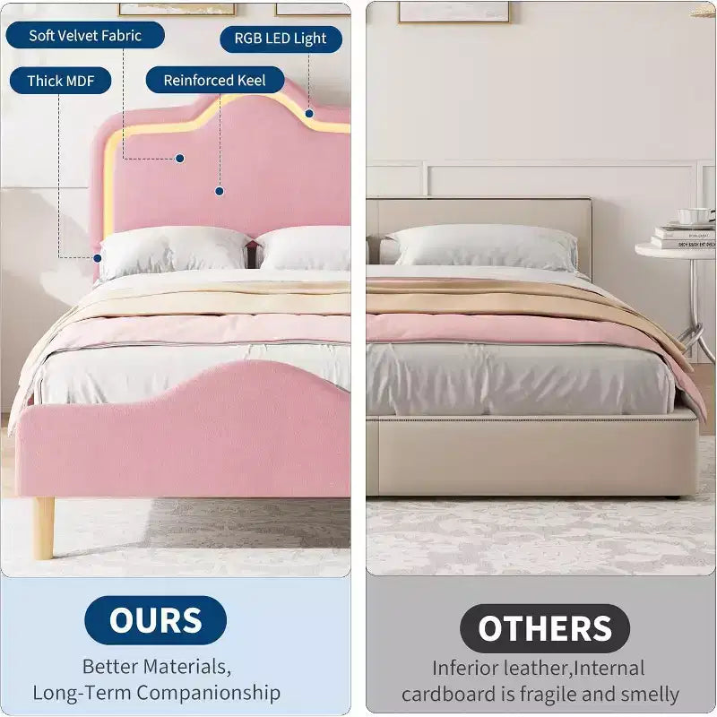 Cadre de lit rembourré une place avec tête de lit et pied de lit réglables, lit plateforme princesse en velours pour enfants, lattes en bois robustes, montage facile