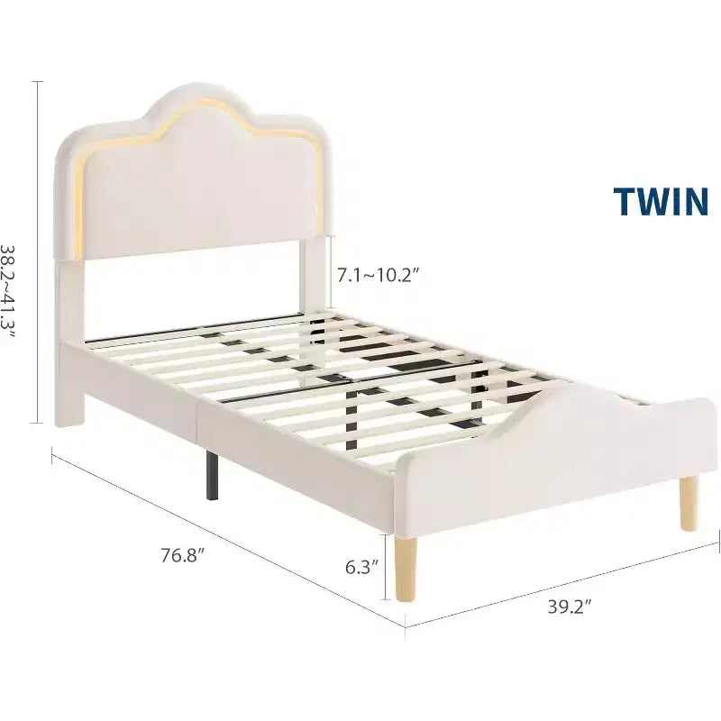 Cadre de lit rembourré une place avec tête de lit et pied de lit réglables, lit plateforme princesse en velours pour enfants, lattes en bois robustes, montage facile