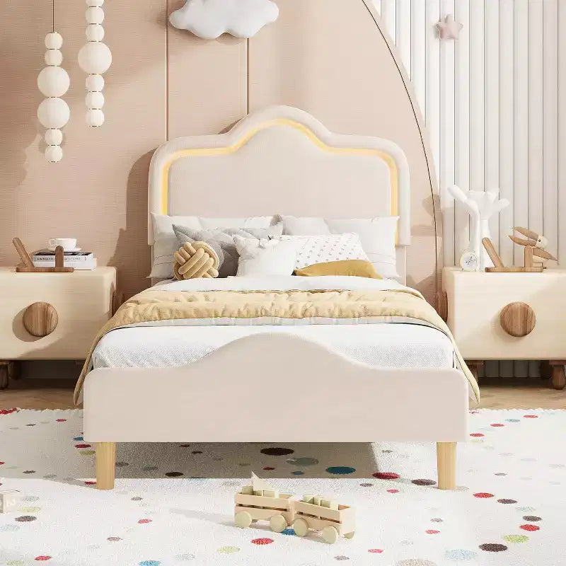 Cadre de lit rembourré une place avec tête de lit et pied de lit réglables, lit plateforme princesse en velours pour enfants, lattes en bois robustes, montage facile