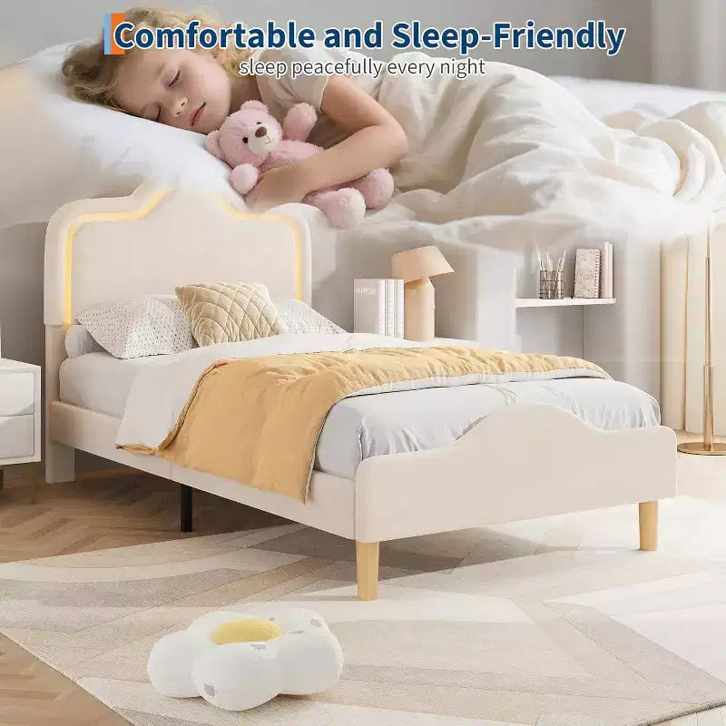 Cadre de lit rembourré une place avec tête de lit et pied de lit réglables, lit plateforme princesse en velours pour enfants, lattes en bois robustes, montage facile