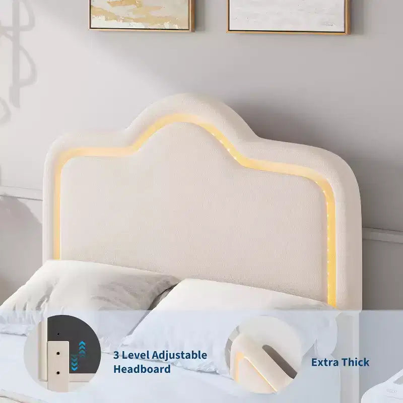 Cadre de lit rembourré une place avec tête de lit et pied de lit réglables, lit plateforme princesse en velours pour enfants, lattes en bois robustes, montage facile