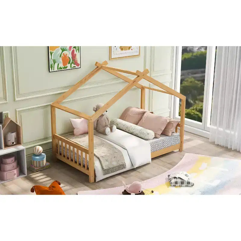Lit jumeau pour enfants avec toit, tête et pied de lit, plateforme en bois naturel, design ludique de maisonnette ouverte, blanc/naturel