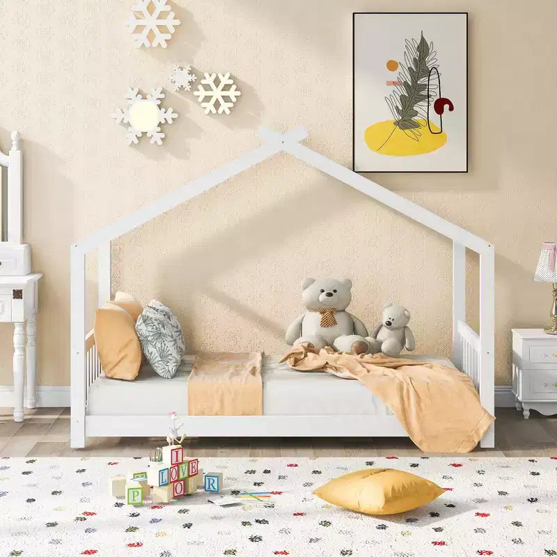 Lit jumeau pour enfants avec toit, tête et pied de lit, plateforme en bois naturel, design ludique de maisonnette ouverte, blanc/naturel