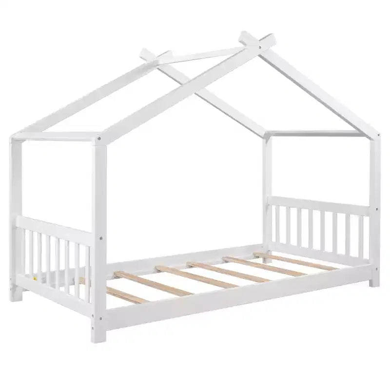 Lit jumeau pour enfants avec toit, tête et pied de lit, plateforme en bois naturel, design ludique de maisonnette ouverte, blanc/naturel