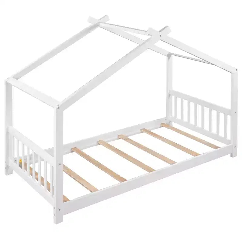 Lit jumeau pour enfants avec toit, tête et pied de lit, plateforme en bois naturel, design ludique de maisonnette ouverte, blanc/naturel