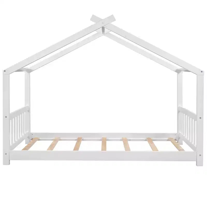 Lit jumeau pour enfants avec toit, tête et pied de lit, plateforme en bois naturel, design ludique de maisonnette ouverte, blanc/naturel